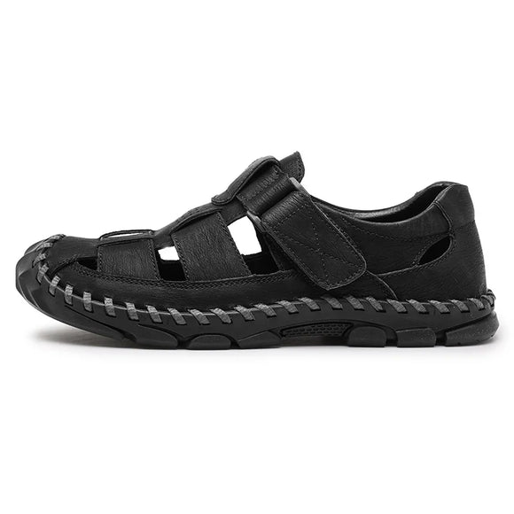 Golden Sapling Casual Sandals Men's Breathable Leather Summer Classics Sandal Leisure Flats Retro Beach Party MartLion black 38 
