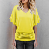 Elegant Women Blouse Casual T-shirt Summer Simple Solid Short Sleeve V-neck Office Lady Shirt Top Loose T-shirt MartLion Yellow S United States