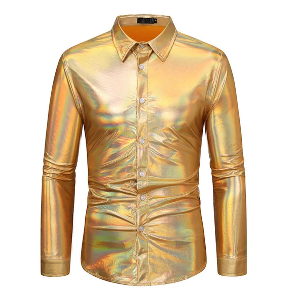 Men's Shiny Gold Metallic Shirt Long Sleeve Button Up Dress Shirts 70s Disco Party Stage Singer Camisas Masculina MartLion gold S 