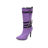 Liyke Design Many Buckle Women Autumn Winter Warm Short Plush Mid-Calf Boots Pointed Toe High Heels Shoes Female MartLion   