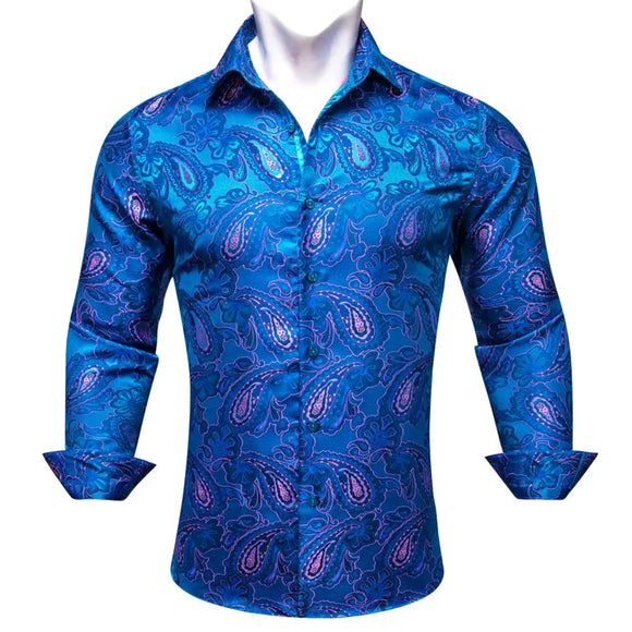 Luxury Blue Shirts Men's Silk Embroidered Paisley Flower Long Sleeve Slim FIT Blouses Casual Tops Lapel Cloth Barry Wang MartLion 0465 S 