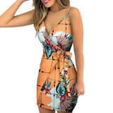 Bohemian Spaghetti Strap Dress Tropical Print V-Neck Wrap Casual Bodycon Women Sleeveless Summer Holiday Mini MartLion   