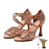 Latin Dance Shoes Women High Heels Diamond-encrusted Sandals Indoor Soft-soled Stage Game Party Social Ballroom Girl MartLion Brown 6cm heel 35 