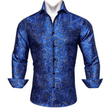 Luxury Blue Shirts Men's Solid Satin Embroidered Paisley Flower Long Sleeve Slim Fit Blouses Casual Lapel Tops Barry Wang MartLion   