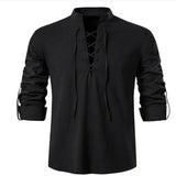 Men's Linen Long Sleeve Shirt Solid Color Casual Long Sleeve Cotton Linen Shirt Tops Mart Lion BLACK S 