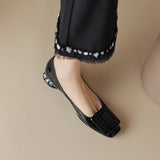 Spring Women Pumps Genuine Leather Shoes Square Toe Chunky Heel Shallow Square button Single MartLion   