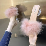 Mules Sandal Women Summer Outdoor Slippers Square Toe High Heels Office Ladies Feather Slides Chic Classics Furry Shoes MartLion   