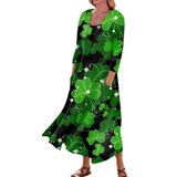 Y2k Elegant St Patrick's Day Printed Mid-Calf Dresses For Women's Round Collar 3/4 Sleeves Frocks MartLion Army Green S United States