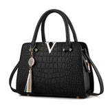 Women Handbags Tassel PU Leather Totes Bag Top-handle Embroidery Bag Shoulder Bag Lady Simple Style Crocodile pattern MartLion Black 28x13x20cm 