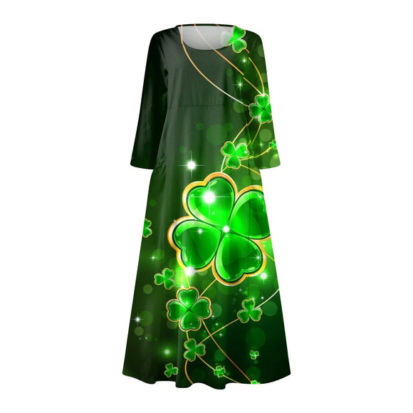  Y2k Elegant St Patrick's Day Printed Mid-Calf Dresses For Women's Round Collar 3/4 Sleeves Frocks MartLion - Mart Lion