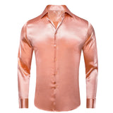 Hi-Tie Plain Satin Silk Men's Dress Shirts Long Sleeve Suit Shirt Casual Formal Blouse Pure Solid Rose Gold Peach Pink Mint White MartLion CY-1501 S 