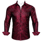 Silk Shirts Men's Red Burgundy Paisley Flower Long Sleeve Slim Fit Blouse Casual Lapel Clothes Tops Streetwear Barry Wang MartLion 0064 S 