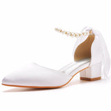 Crystal Queen Women Pumps White Silk Beading Bride Shoes Pointed Toe Buckle Strap Sandals 4CM Thick High Heels MartLion WHITE 35 