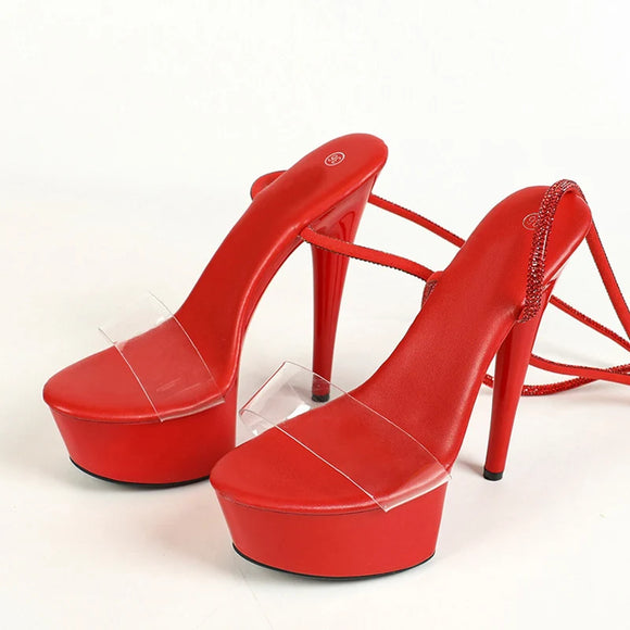 Red Crystal Rhinestone Ankle Strap Women Transparent Platform Sandals Summer Super High Heels Wedding Banquet Shoes MartLion Red 34 