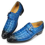 Genuine Leather Shoes Crocodile Pattern Classic Style Men‘s Loafers Wedding Buckle Strap Slip on Pointed Toe Black Blue MartLion   