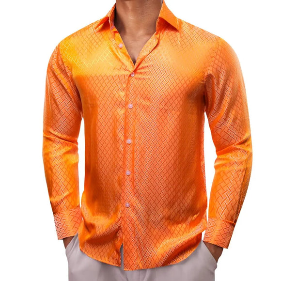 Luxury Shirts Men's Silk Satin Orange Plaid Long Sleeve Slim Fit Blouses Trun Down Collar Tops Breathable Clothing MartLion   