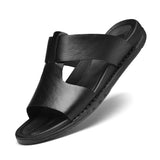 Men's Casual Leather Slippers Slides Slip on Sandals Summer Shoes Beach Outside Breathable Khaki Black MartLion Black 39 