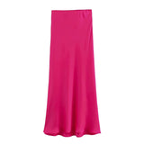 Women's Flowing Satin Midi Skirt Women Vintage Elastic  Waist Flared Street Skirt MartLion   