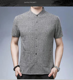 Men's Short-sleeved Seasonal Shirt with Stand Collar Linen Casual Daily Large Pocket Stand Collar Half Sleeve Shirt MartLion   