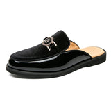 Men's Mules Leather Slipper Summer Walk Loafers Open Style Half Flat Shoes Casual Sandals Metal Lock Slides Moccasin MartLion Black 44 