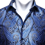 Barry Wang Exquisite Blue Silk Paisley Men's Shirt Four Seasons Lapel Long Sleeve Embroidered Leisure Fit Party Wedding MartLion   