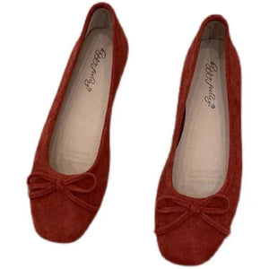 Retro Ultra-soft Women Shoes Spring Bow Red Flat Sole Single Shoe Leisure Leather Ballet MartLion   