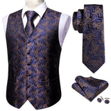 Rose Red Men's Wedding Suit Vest Blue Floral Jacquard Folral Silk Waistcoat Vests Handkerchief Tie Vest Suit Set Barry Wang Design Mart Lion BM-2539 L 
