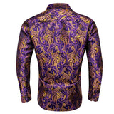 Designer Men's Shirts Silk Long Sleeve Purple Gold Paisley Embroidered Slim Fit Blouses Casual Tops Barry Wang MartLion   