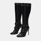 Slim High Heeled Motorcycle Boots for Women Versatile Rivet Style MartLion black 35 