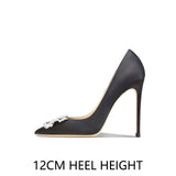 Pointed Toe Shallow Square Buckle Rhinestone Stiletto Pumps Women's Shoes MartLion Black 12CM 35 CHINA