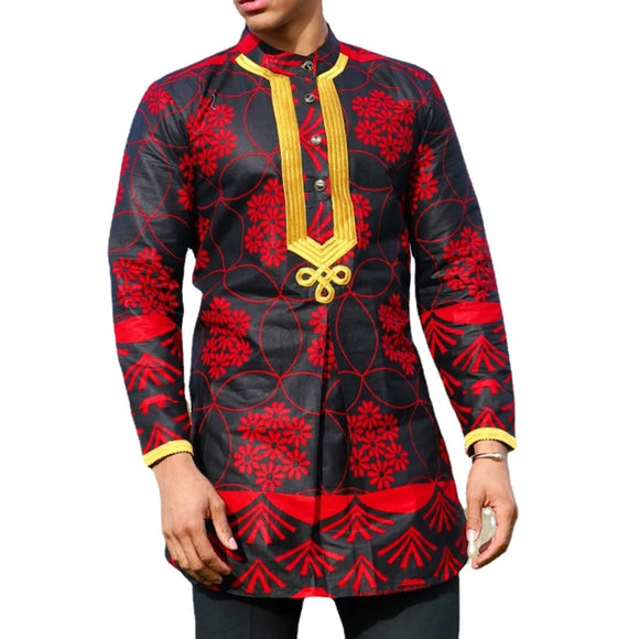  Red Floral Print Clothes Men's Dashiki Dress Shirt Hip Hop Streetwear Traditional Outfit Camisas MartLion - Mart Lion