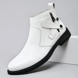 White Formal Chelsea Mens Boots Round Toe Low Heel Ankle Boots Side Zipper Leather Cowboy Boots MartLion