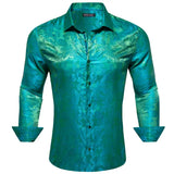 Designer Shirts Men's Embroidered Silk Paisley Blue Green Black White Gold Slim Fit Blouses Long Sleeve Tops Barry Wang MartLion 0832 S 