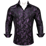 Designer Men's Shirts Silk Long Sleeve Purple Gold Paisley Embroidered Slim Fit Blouses Casual Tops Barry Wang MartLion 0478 S 