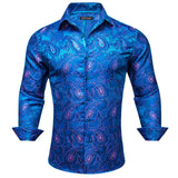 Luxury Shrits Men's Sky Roal Blue Navy Embroidered Paisley Long Sleeve Casual Slim Fit Blouses Lapel Barry Wang MartLion 0465 S 