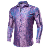 Hi-Tie Brand Silk Men's Shirts Breathable Jacquard Floral Paisley Long Sleeve Blouse for Wedding Party Events MartLion   