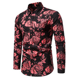  Autumn Winter Shirt Men's Vintage Rose Print Casual Long Sleeve Shirt MartLion - Mart Lion