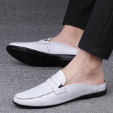 Half Slipper Men's Slippers Black White Genuine Leather Loafers Moccasins Non-slip Driving Casual Shoes MartLion   