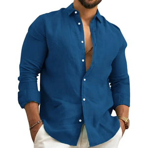 Men's Casual Shirts Linen Tops Loose and Comfortable Long Sleeve Beach Hawaiian Shirts MartLion navy Shirt S 