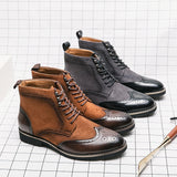 Men's Classical Retro Carved Brogue Leather Boots Suede Ankle Lace-up Short Martin High-Top Shoes Mart Lion   