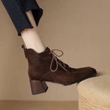 Winter Sheep Suede Women Shoes Square Toe Retro Lace Up Short Boots Chunky Heel High Heel MartLion   