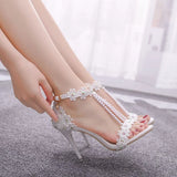 Crystal Queen Women Sandals Flowers Pearl Stilettos Bridal 9cm Evening Party High Heels Bridal Pumps Wedding Shoes MartLion   