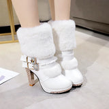 Winter Shoes Women High Heels Boots Ladies Party Warm Fur Super High Heel 10cm Black White MartLion   