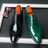 Classic Green Glitter Leather Brogue Shoes Men's Pointed Toe Elegant Dress Wedding MartLion   