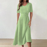 Women Dress Casual Print Mid-Calf Dresses V-Neck Short Sleeves Frocks Robes MartLion Light Green XXL United States