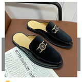 Men's Mules Leather Slipper Summer Walk Loafers Open Style Half Flat Shoes Casual Sandals Metal Lock Slides Moccasin MartLion   