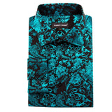 Luxury Designer Silk Men's Shirts Long Sleeve Blue Green Teal Embroidered Flower Slim Fit Blouse Casual  Tops Barry Wang MartLion   