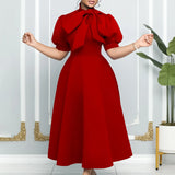 Party Dresses Woman Bow Collar Short Sleeve  Waisted Pleated Ankle Length Birthday Party Robe MartLion Red Dress XXXL 