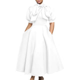 Party Dresses Woman Bow Collar Short Sleeve  Waisted Pleated Ankle Length Birthday Party Robe MartLion   