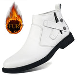White Formal Chelsea Mens Boots Round Toe Low Heel Ankle Boots Side Zipper Leather Cowboy Boots